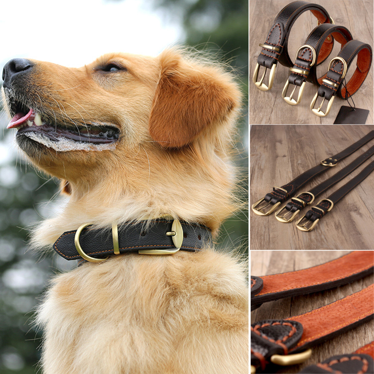 Genuine Cow Leather Dog Pet Puppy Cat Collar Neck Buckle Neck Strap Brown S/L/XL